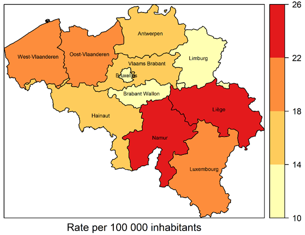 Age-adjusted suicide rate per 100 000 inhabitants per province (2015)