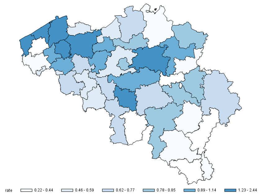 Proportion (%) of visits in emergency rooms for social, mental or psychic reasons or suicide attempts by district (2016)