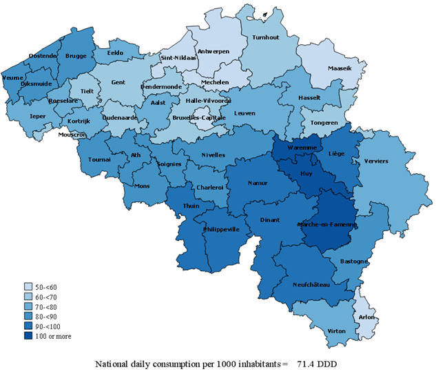 Defined Daily Doses (DDDs) of antidepressants per 1000 inhabitants per day, by district (2013)