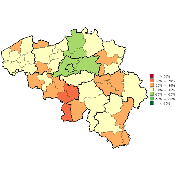 Spine medical imaging: relative variations around the national mean per district (2015-2017, standardised
